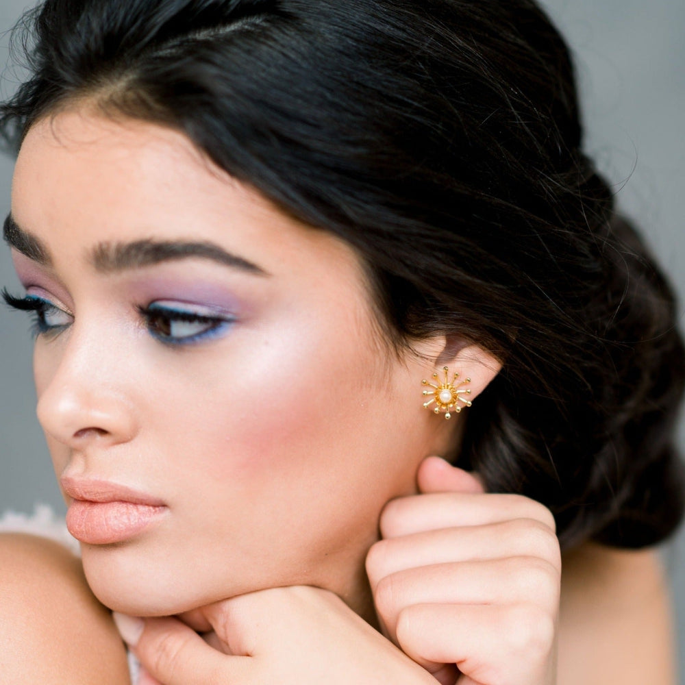 Gold Starburst Celestial Galaxy Inspired Bridal Stud Earrings with Pearls or Crystals made in toronto canada by Blair nadeau bridal adornments 
