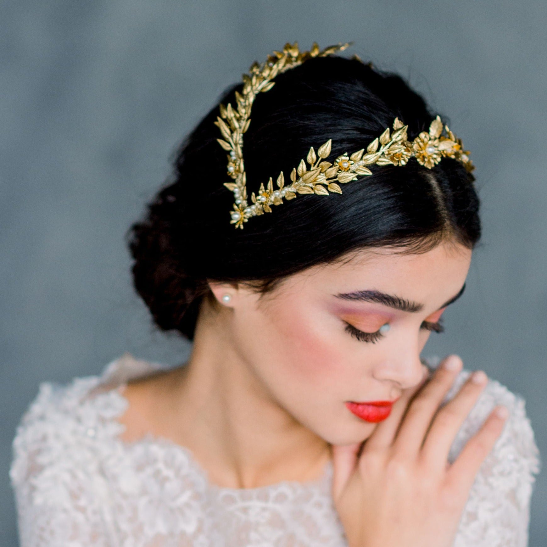 Leaf, Flower and Pearl Bridal Coronet Double Headband Vintage Inspired - Made in Toronto Ontario Canada - Blair Nadeau Bridal 