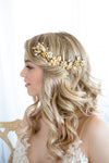 golden brass bridal  hair vine with flowers, pearls and crystals. handmade in canada by blair nadeau 