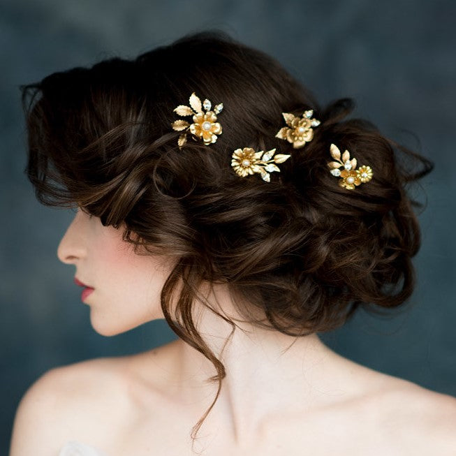 golden brass flower and leaf bridal hair pins with pearls and crystals. handmade in toronto canada by blair nadeau bridal