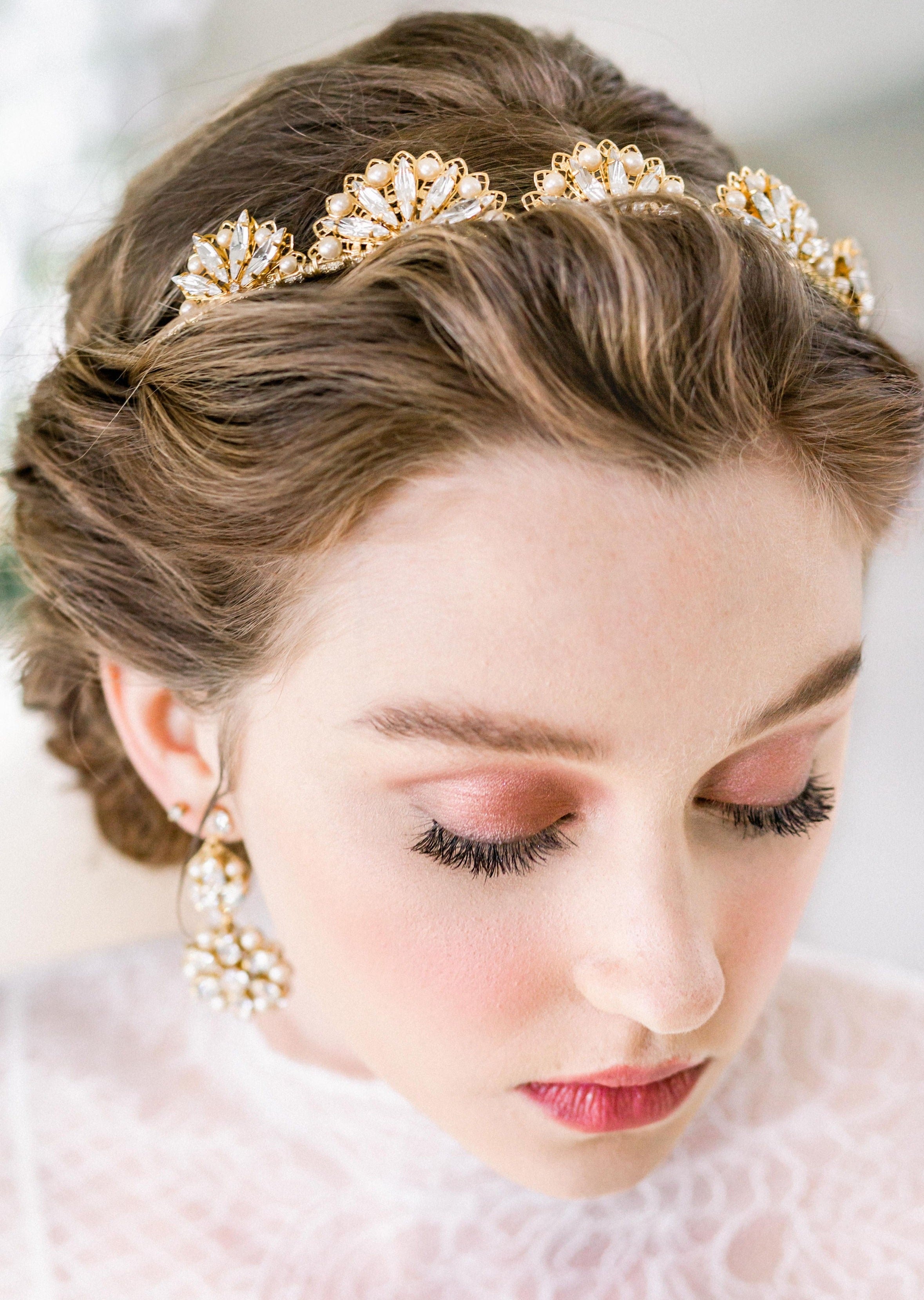 large rhinestone crystal and pearl bridal drop earrings for bridgerton inspired wedding