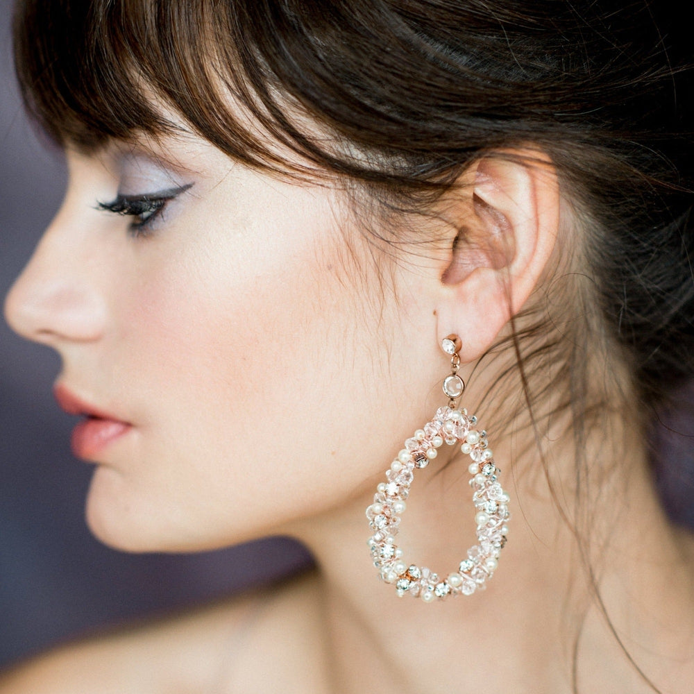large rose gold crystal and pearl beaded Teardrop Statement Bridal Earrings. made in toronto canada by Blair nadeau bridal adornments