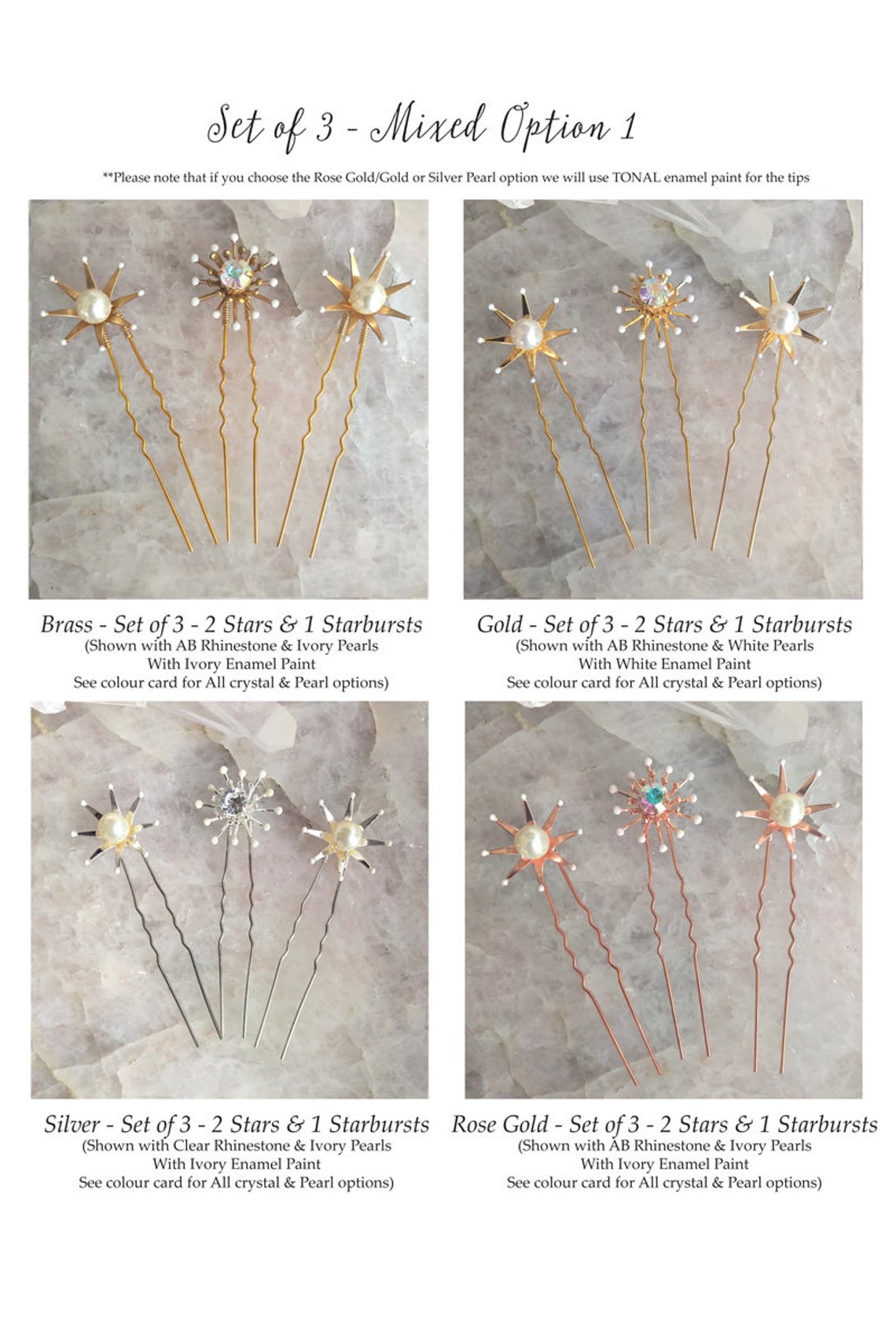 star and starburst bridal hair pin colour cards