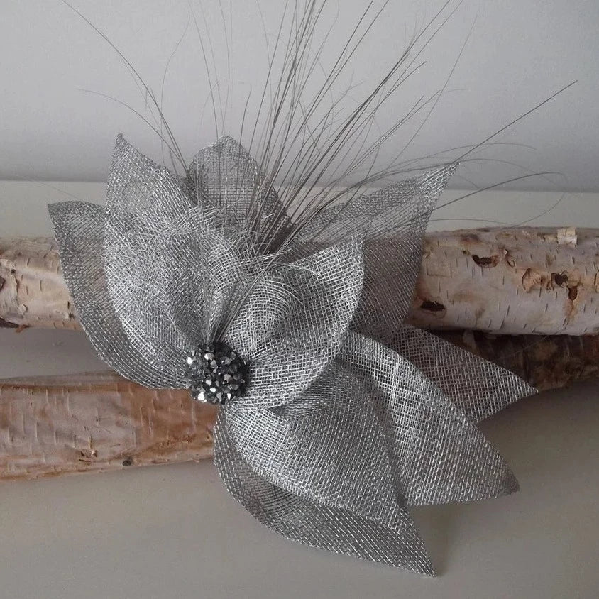 large silver leaf bridal millinery for weddings and racewear, made in canada by milliner blair nadeau