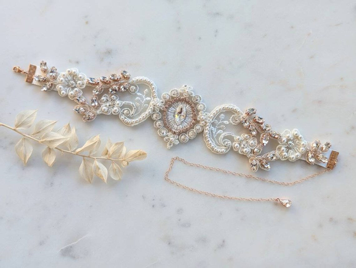 rose gold pearl and crystal beaded bridal choker for weddings in canada
