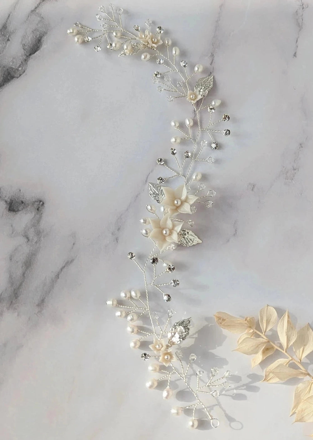 short bridal hairvine in gold and ivory for weddings