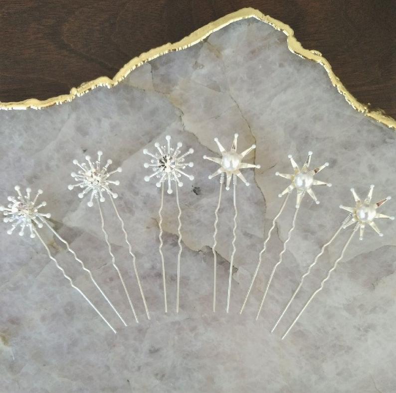 silver crystal and pearl celestial inspired  wedding hair pins for brides. handmade in toronto canada by blair nadeau