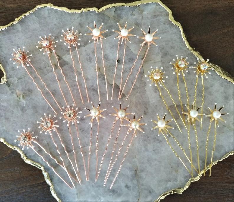 rose gold and gold crystal and pearl celestial inspired  wedding hair pins for brides. handmade in toronto canada by blair nadeau