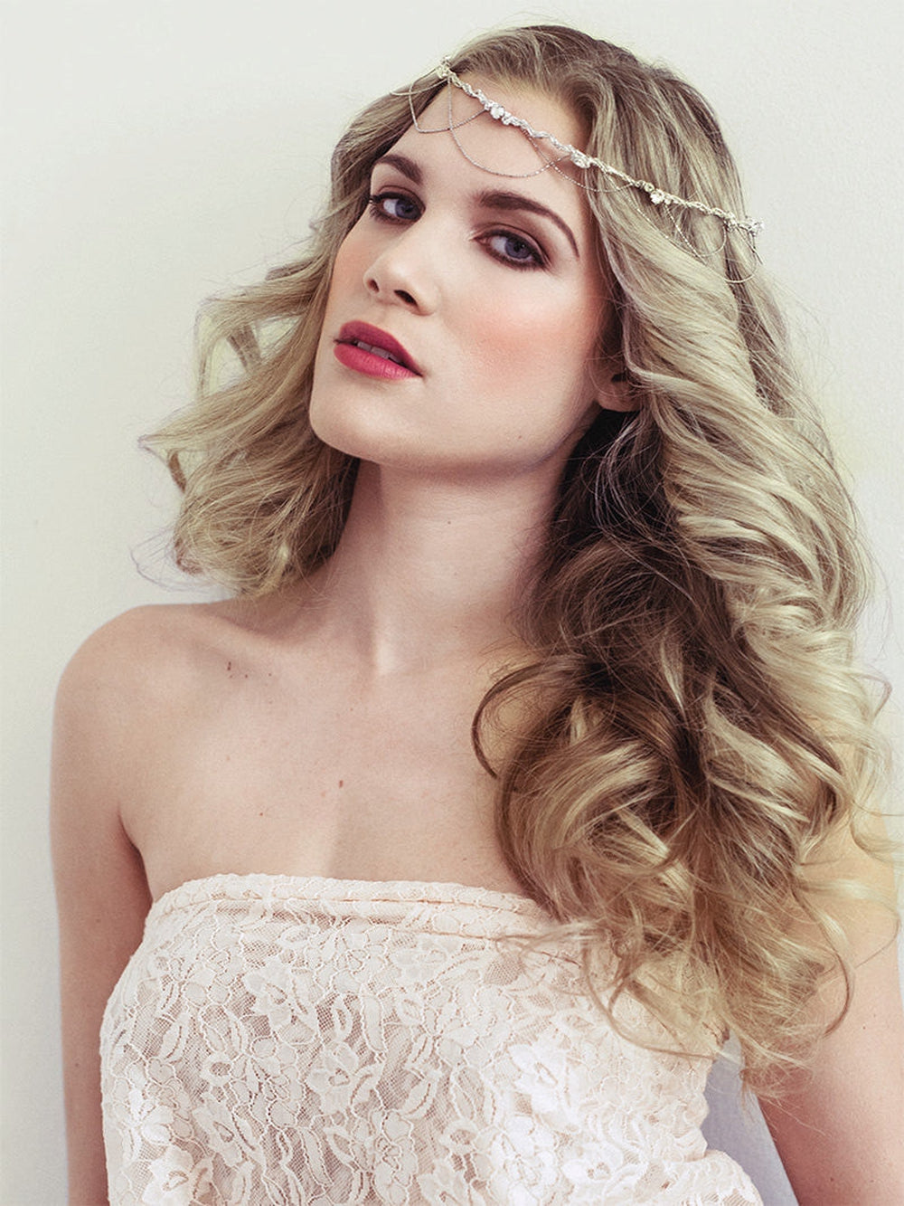 silver boho inspired bridal crown with draped chains and crystals. handmade in toronto by blair nadeau