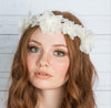 hand pressed silk flower 1970s inspired bridal crown with crystal centres. made in toronto canada by Blair nadeau bridal adornments