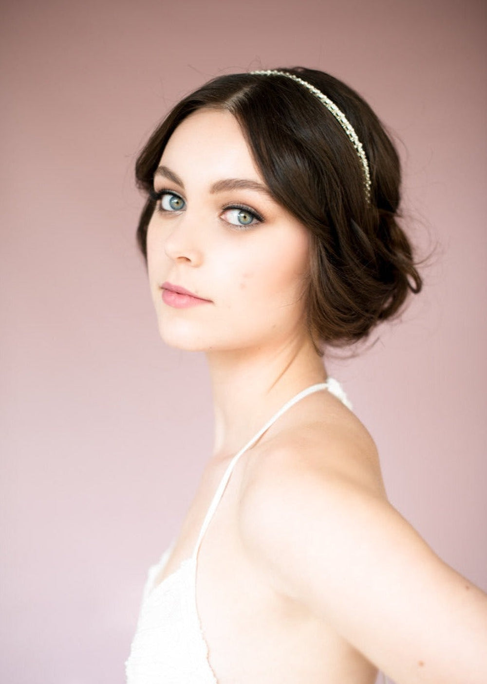 narrow silver crystal and pearl bridal headband for classic brides