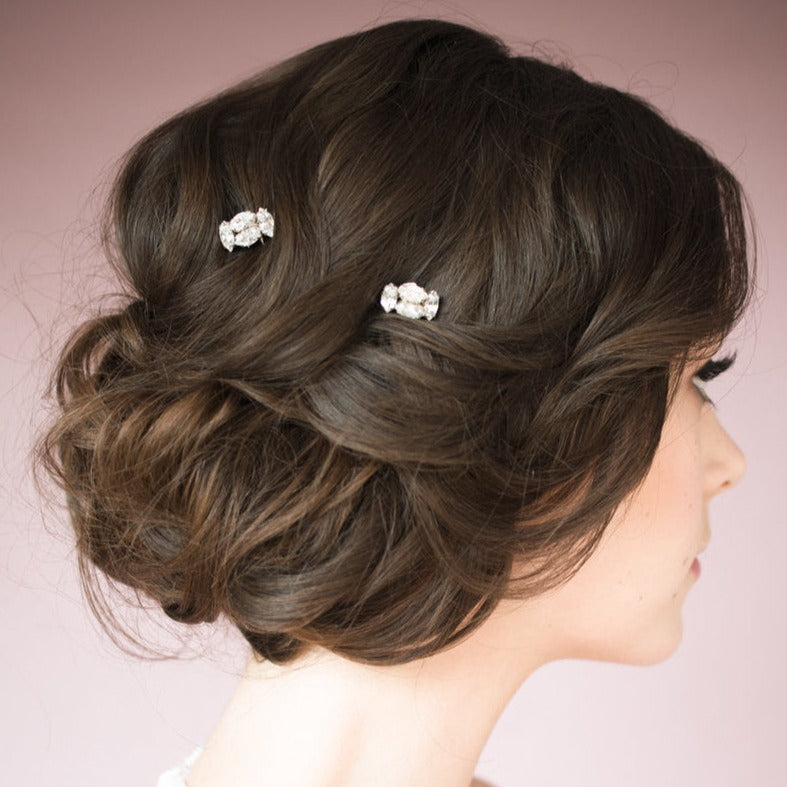 small silver art deco inspired bridal hairpins with rhinestones. made in toronto canada by Blair nadeau bridal adornments