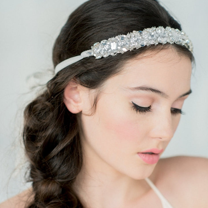 handbeaded crystal bridal headband with eyelash lace and silk ribbon tie.  made in canada by blair nadeau bridal