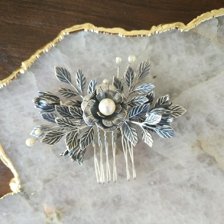 antique silver gold bridal hair comb with ivory pearls and leaves and roses. handmade in toronto canada by blair nadeau bridal