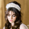 retro 1960s inspired bridal headband with pearls and lace. Scalloped eyelash lace tiered crown. handwired sprigs of pearls and clay flowers. Handmade in Toronto Canada by Blair Nadeau Bridal Adornments