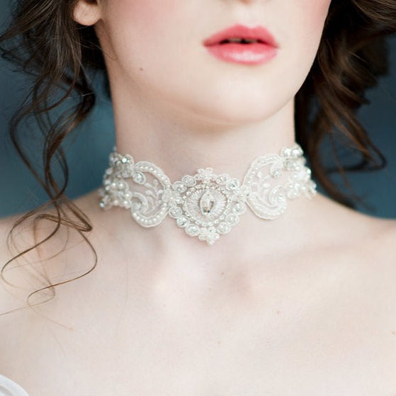 BELLA Crystal & Pearl Lace Bridal Choker Ivory / Ivory / Gold BELLA Crystal & Pearl Lace Bridal Choker Ivory / Ivory / Gold