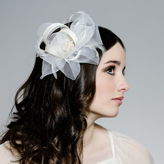 ivory crin and silk feather fascinator for weddings. handmade in canada by milliner blair nadeau
