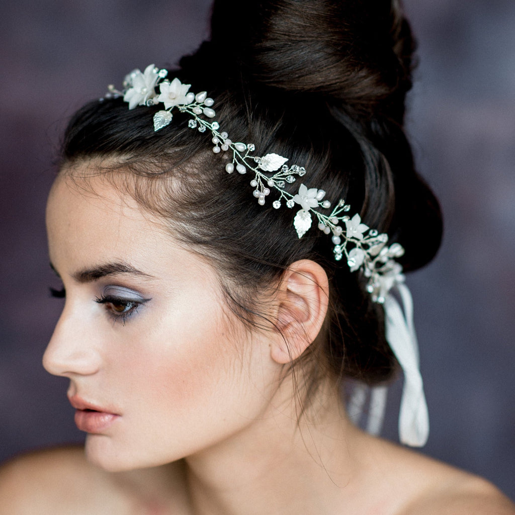 silver ivory clay flower hair vine bridal crown with pearls, crystals and ribbon tie. made in toronto canada by Blair nadeau bridal adornments