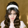 large ivory padded headband with beaded vintage lace with clear crystal beads and mokuba ribbon wrapped headband. Handmade in Toronto Canada by Blair Nadeau Bridal Adornments 