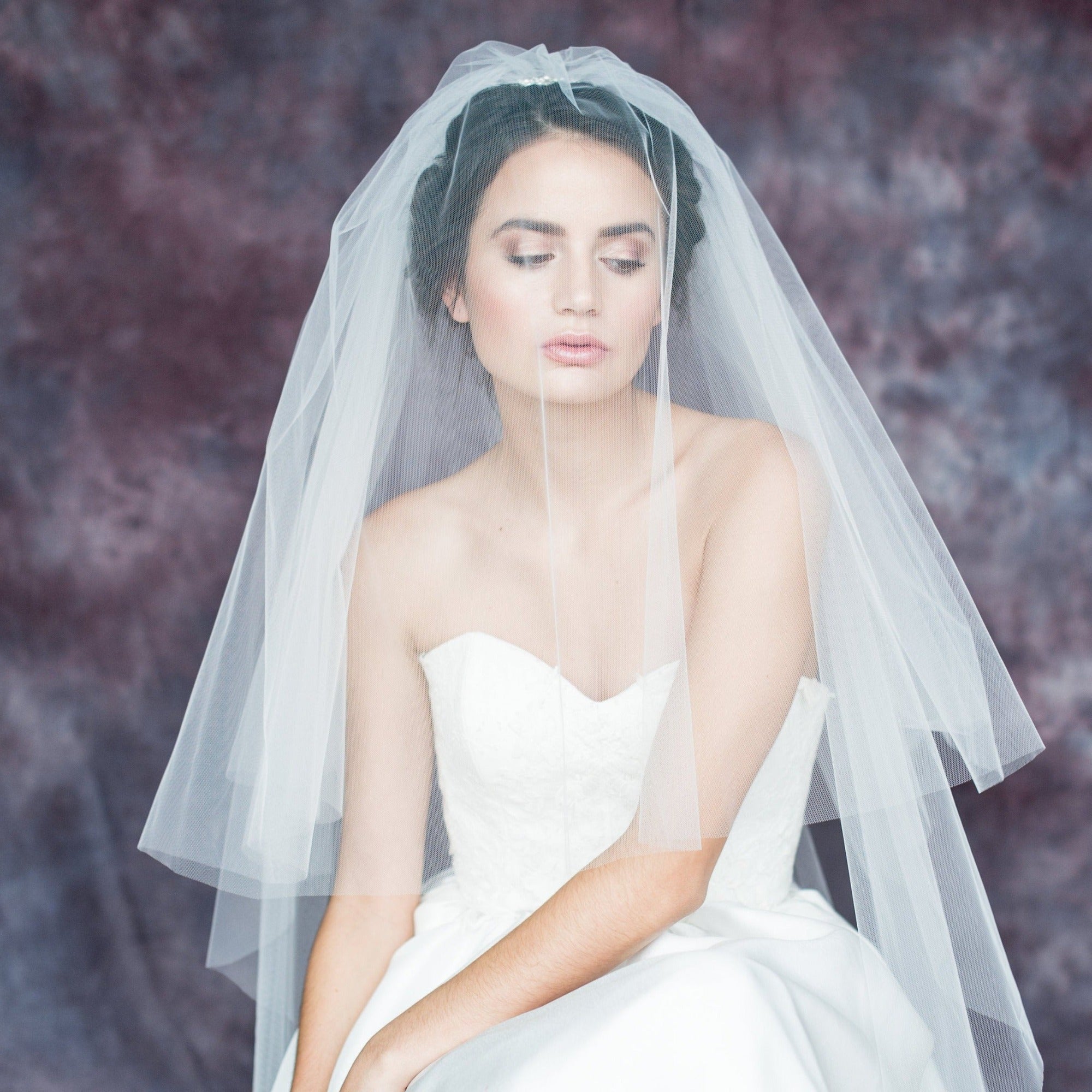 modern classic Off White Blusher Double Layer Gathered Veil with Pearl & Crystal Comb made in toronto canada by Blair nadeau bridal adornments