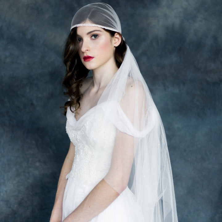 Ivory soft tulle draped net juliet veil with pom pom trim and white opals. handmade in canada by blair nadeau