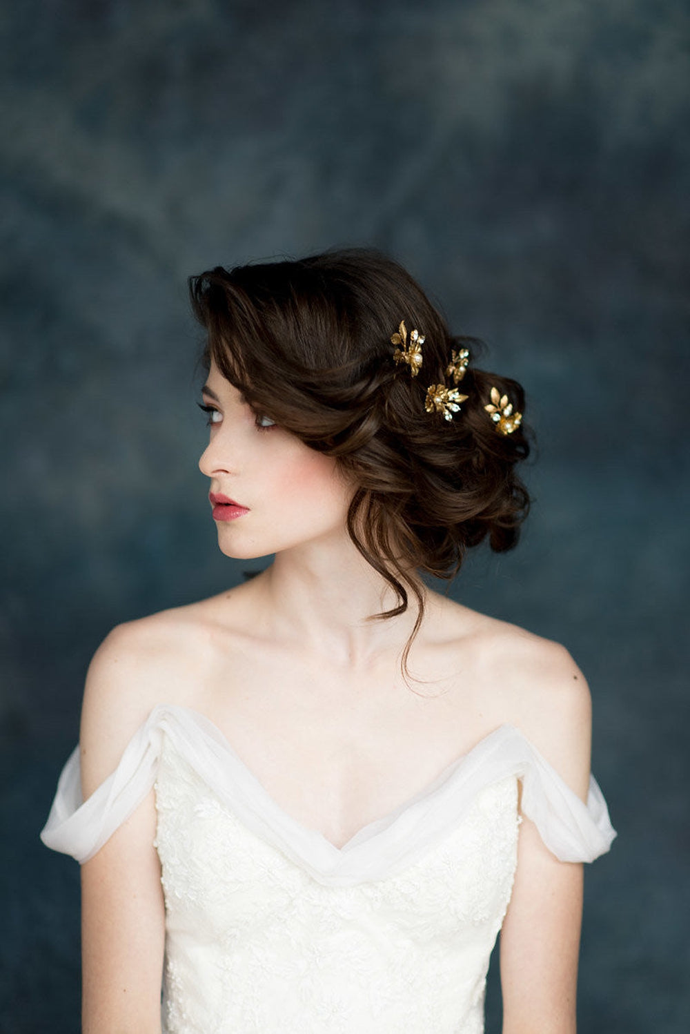golden brass flower and leaf bridal hair pins with pearls and crystals. handmade in toronto canada by blair nadeau bridal