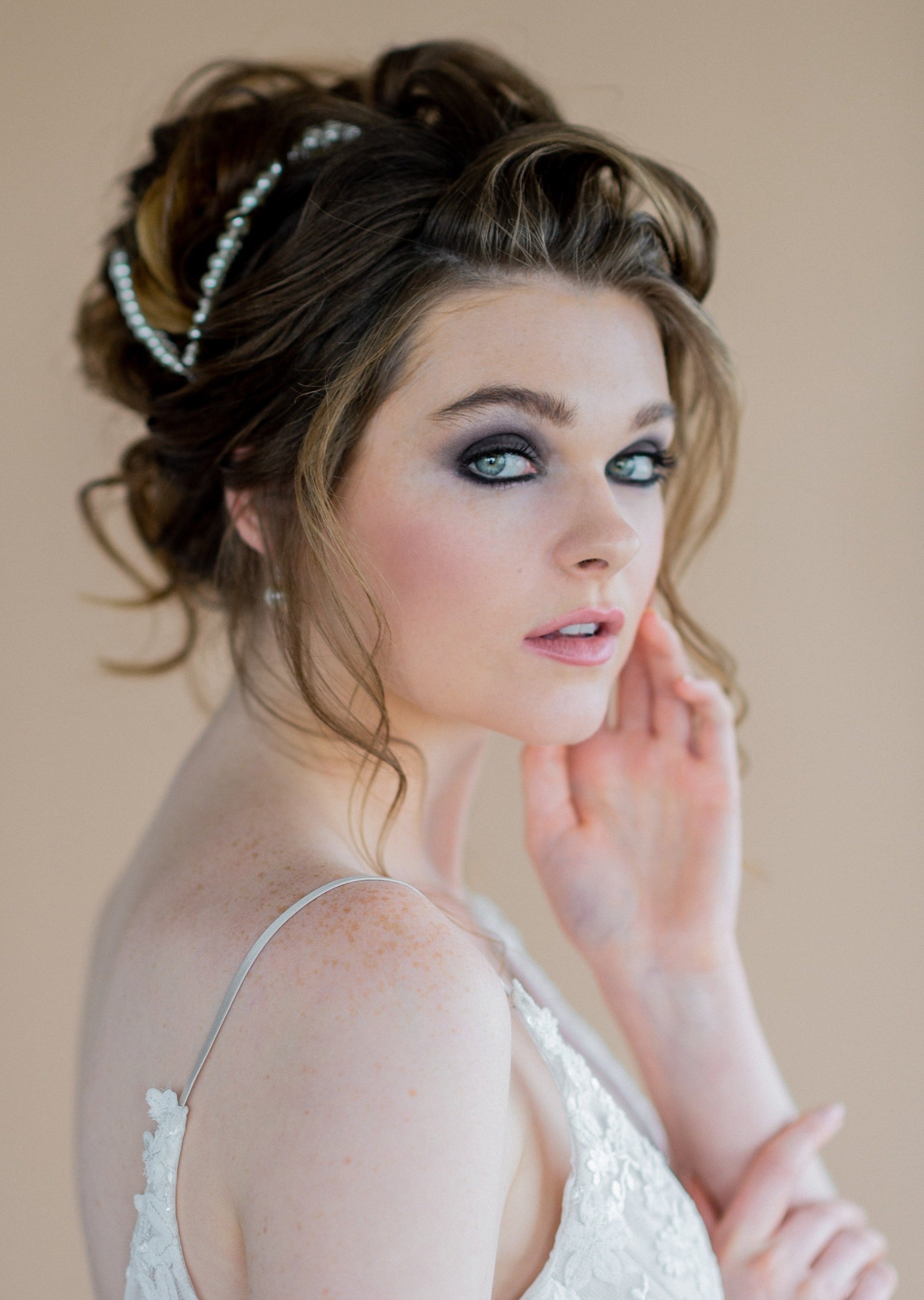 silver statement crown graduated ivory pearl double bridal headband - blair nadeau bridal adornments - handmade in toronto ontario canada - whitney heard photography
