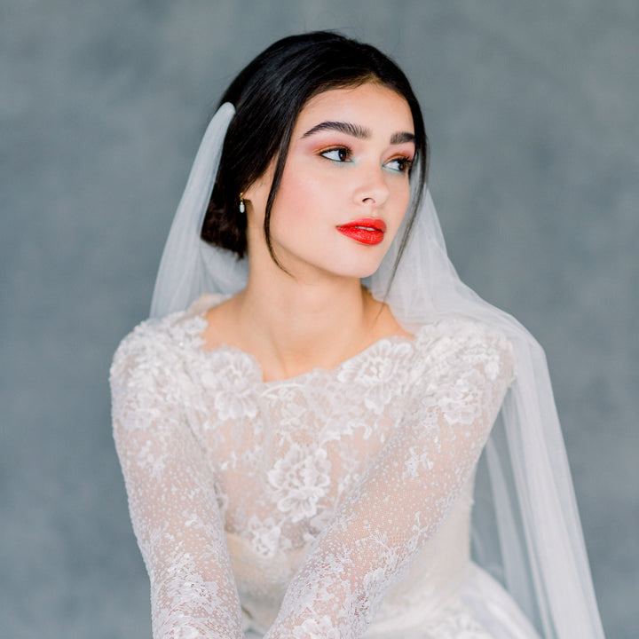Pale Ivory Long Narrow Draped Cowl Bohemian Bridal Vintage Inspired Wedding Veil made in toronto canada by Blair nadeau bridal adornments