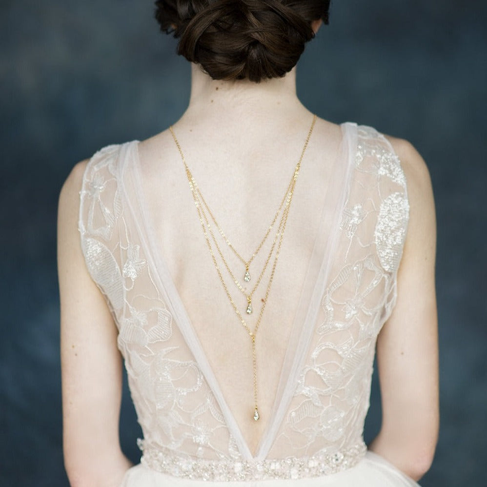 gold pear drop bridal back jewelry for low wedding dress. made in toronto canada by Blair nadeau bridal adornments