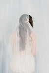 waltz length soft tulle juliet veil with gold beaded lace. Double layer with blusher. Handmade in toronto canada by blair nadeau