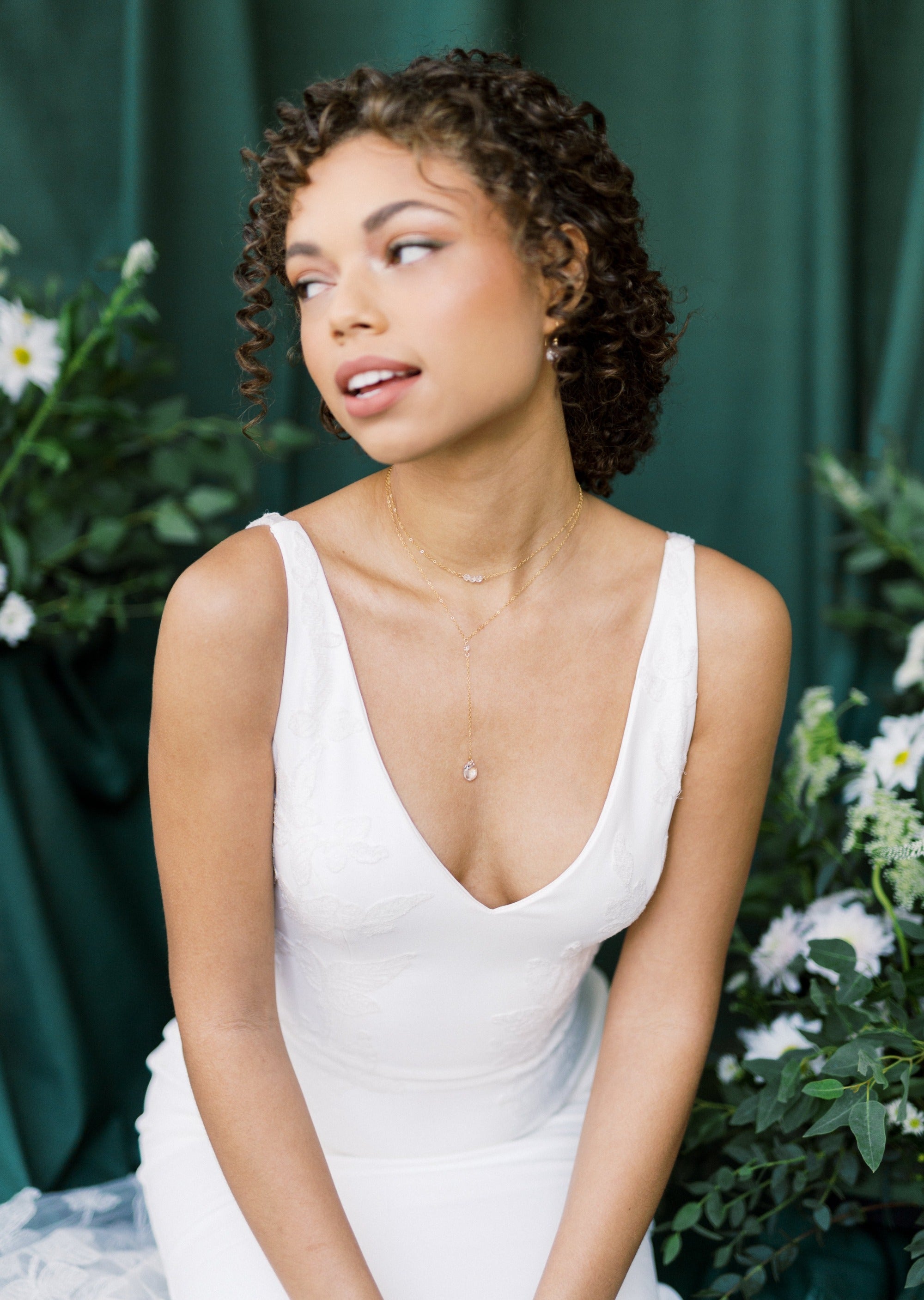 long gold bridal lariat necklace for deep v neck wedding 