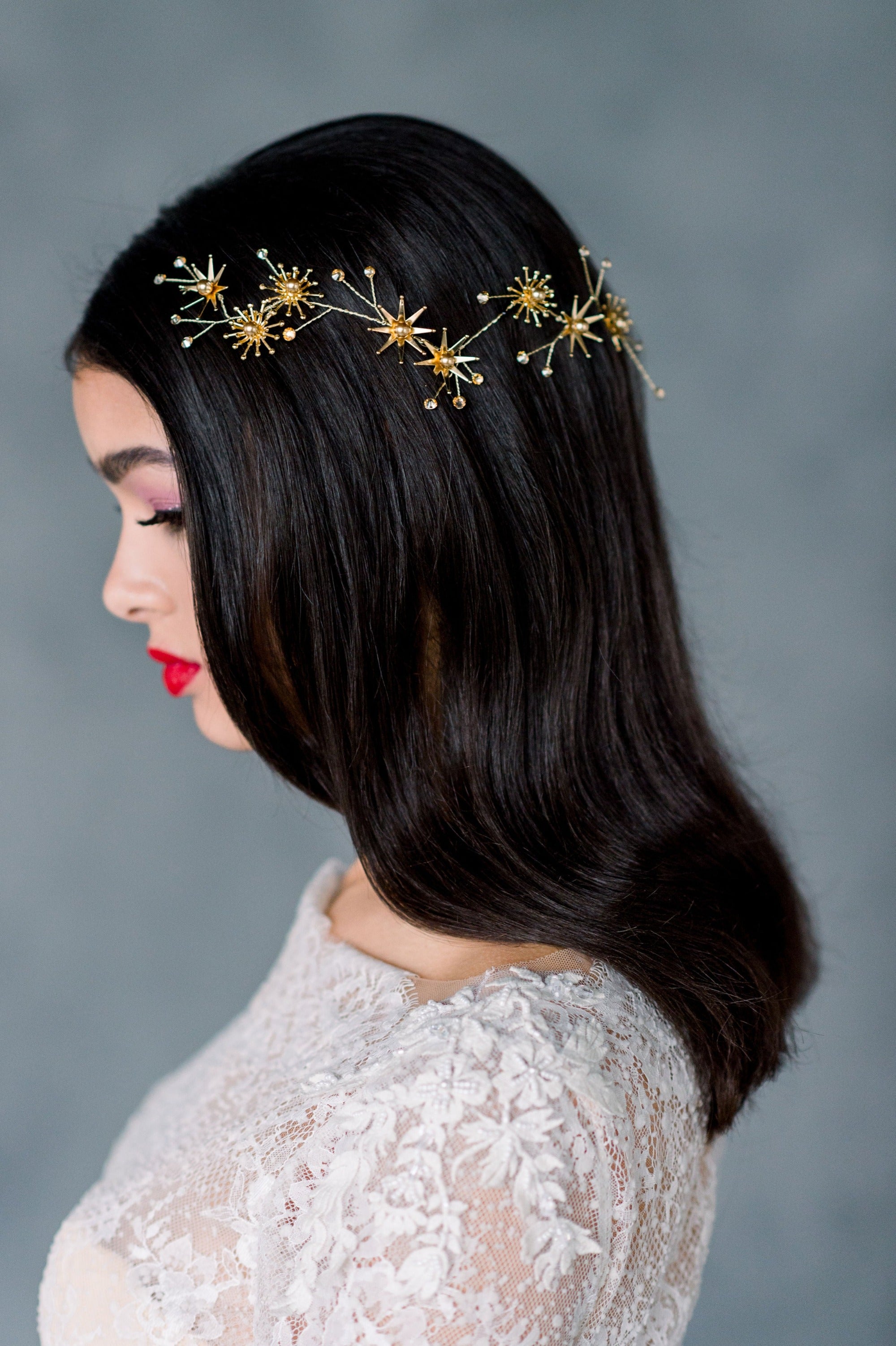 Silver Starburst and Star Pearl and Crystal Wedding Hair Vine, made in Toronto Ontario Canada, Blair Nadeau Bridal, Whitney Heard Photography