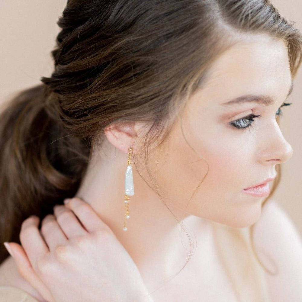 gold baroque freshwater stick pearl chandelier earrings - blair nadeau bridal adornments - whitney  heard photography