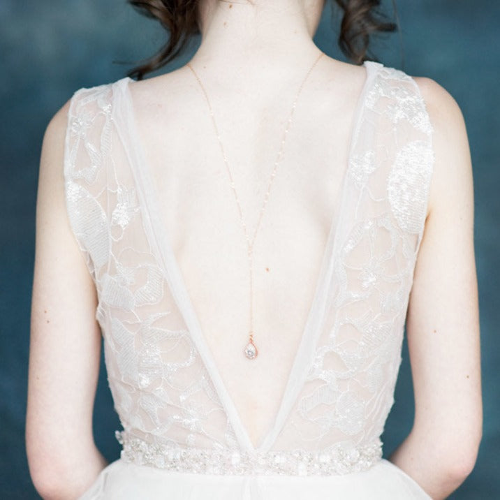 rose gold crystal pendant y drop back necklace for open back wedding dress made in toronto canada by Blair nadeau bridal adornments
