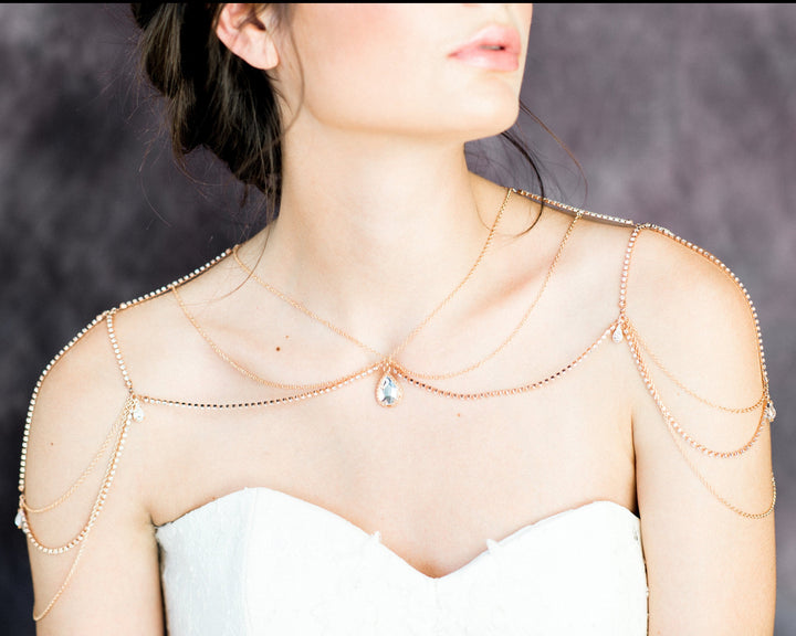 rose gold rhinestone and chain shoulder necklace bridal cape for strapless wedding dresses. made in toronto canada by Blair nadeau bridal adornments