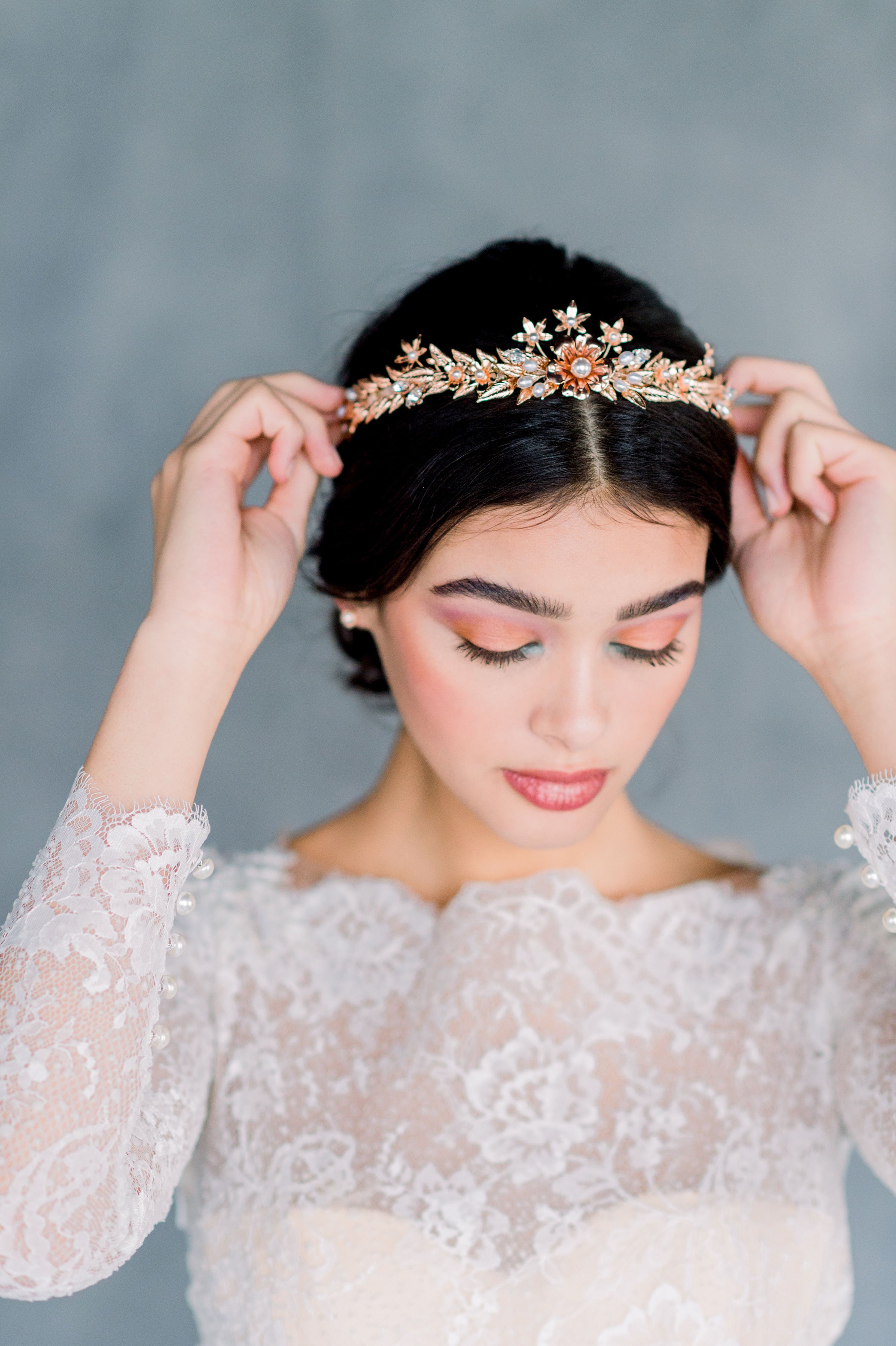 Gold Pearl Laurel Leaf Grecian Inspired Modern Bridal Crown - Handmade in Toronto Ontario Canada - Blair Nadeau Bridal - Whitney Heard Photography