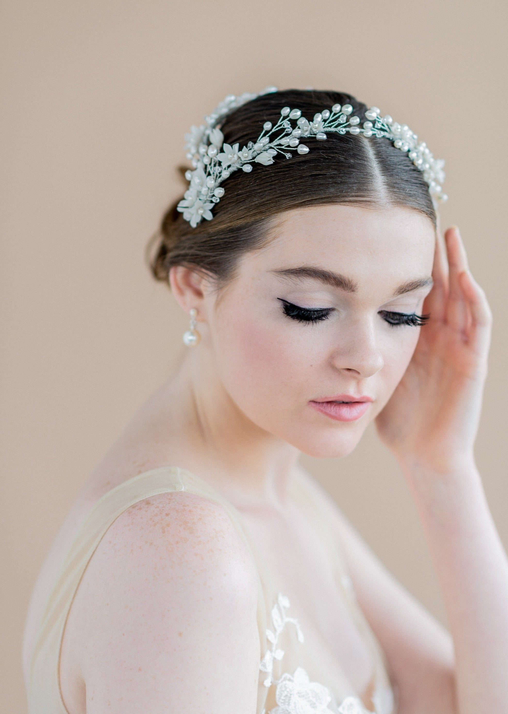 gold romantic fine art bride clay clay floral coronet bridal crown -  blair nadeau bridal adornments - handmade in toronto ontario canada - whitney heard photography