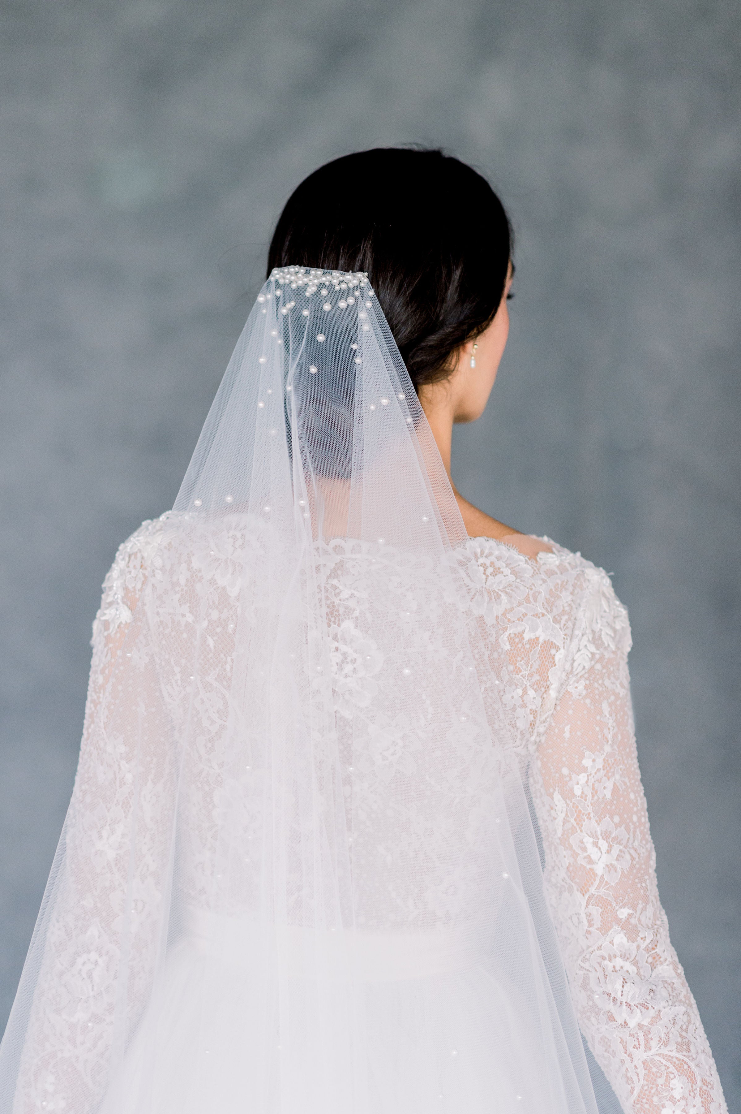 Pure White Double Tiered Pearl Beaded Wedding Veil with Blusher - Made in Toronto Ontario Canada - Blair Nadeau Bridal - Whitney Heard Photography