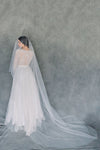 Heavily Scattered Crystal and Pearl Hand Embellished Soft Tulle Statement Drop Veil,