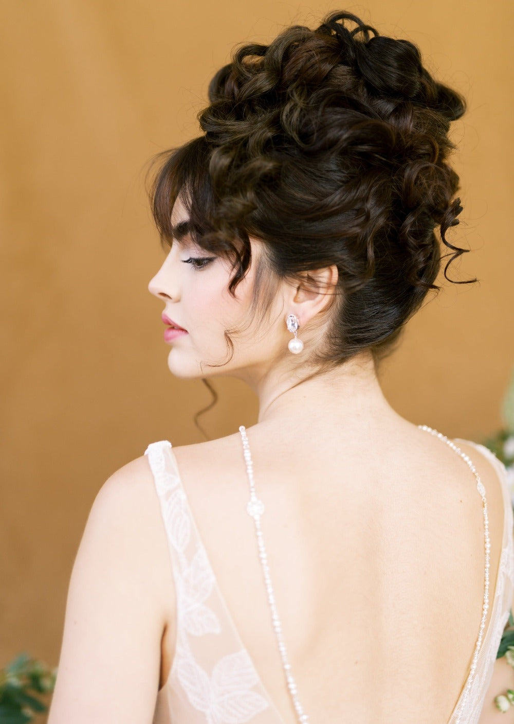 statement large oval rhinestone stud wedding earrings with large round pearl drops.  