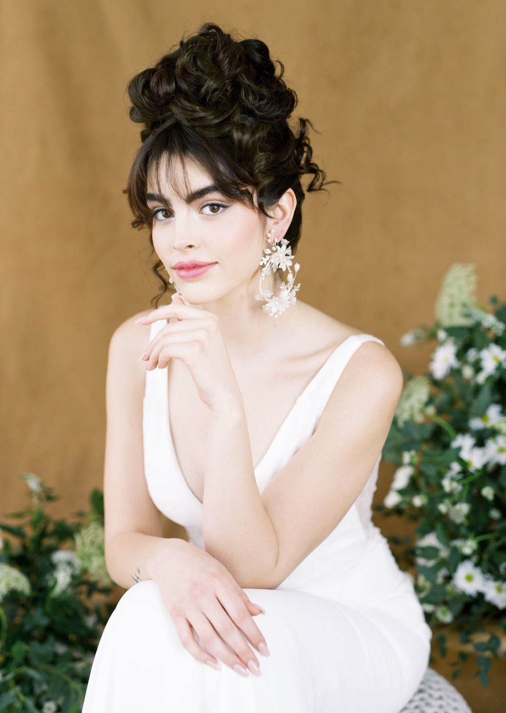 extra large silver and white clay flower wedding earrings for brides