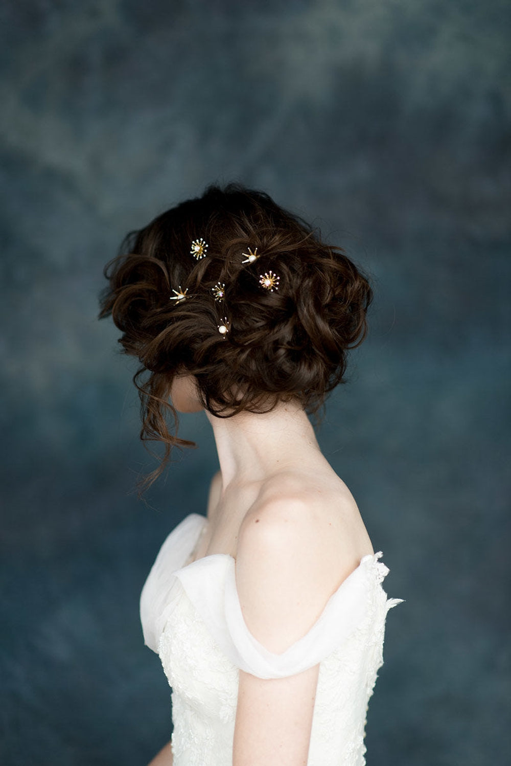 celestial hair pins for bridal updo with stars & and crystals and available in silver, gold, rose gold with white, ivory, blush, iridescent pearls and clear, white opal or aurora borealis crystals