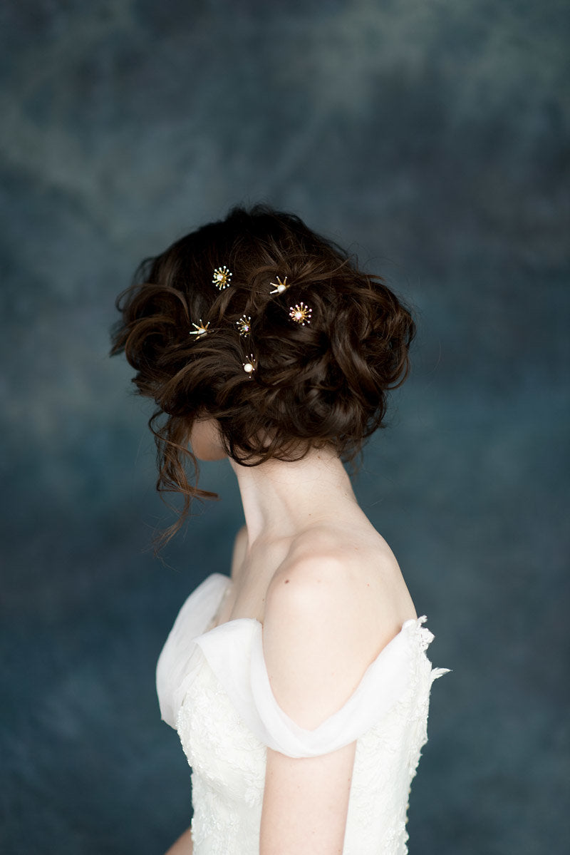 celestial hair pins for bridal updo with stars & and crystals and available in silver, gold, rose gold with white, ivory, blush, iridescent pearls and clear, white opal or aurora borealis crystals