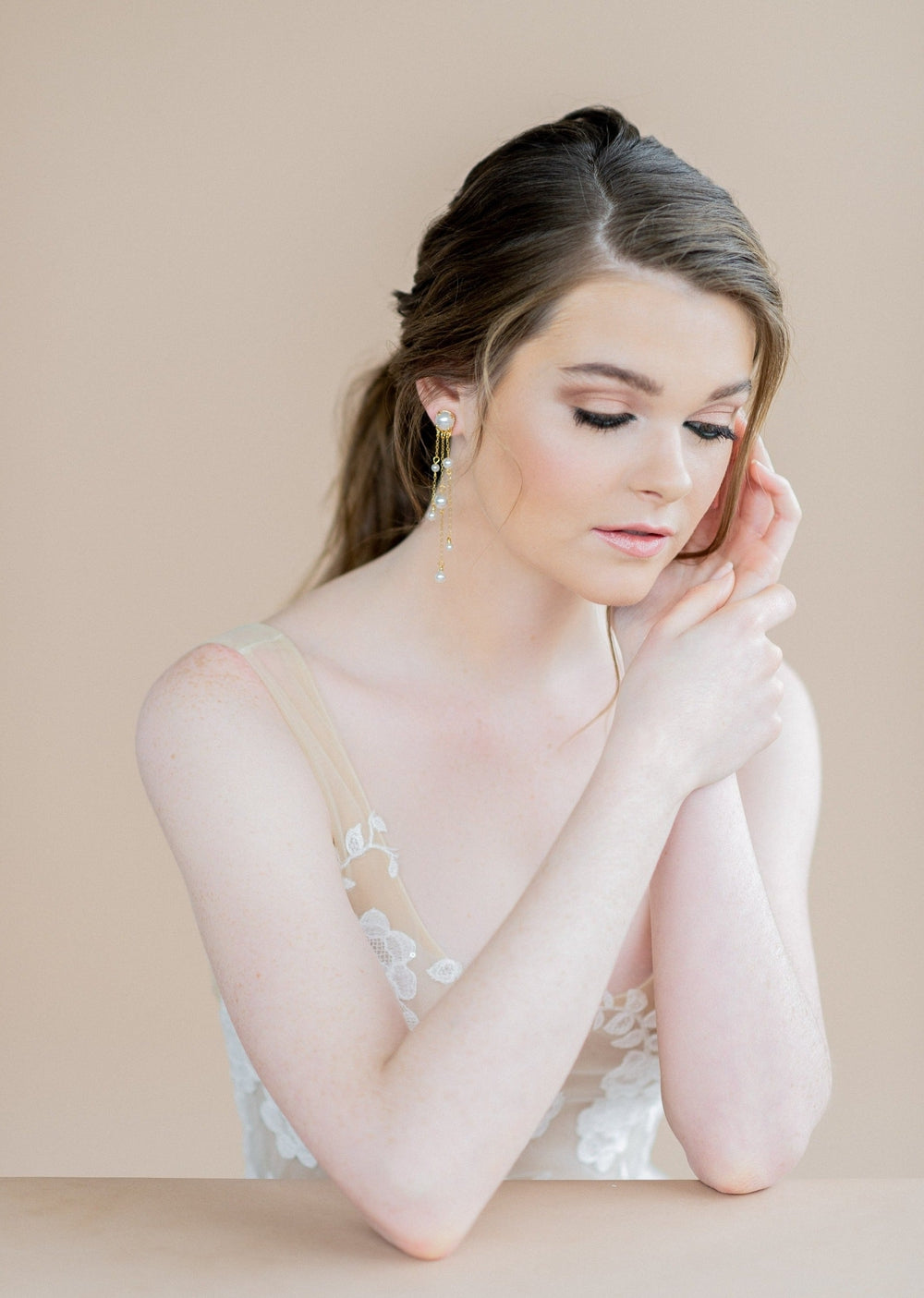 rose gold extra long statement pearl stud Bridal Earrings - blair nadeau bridal adornments - whitney heard photography