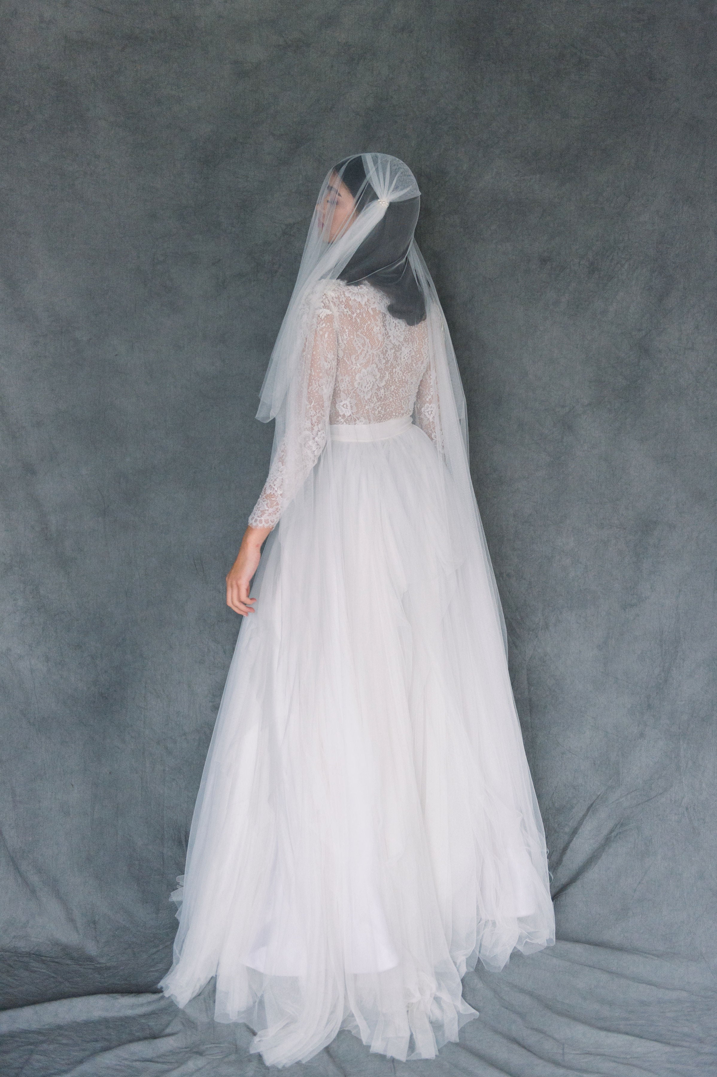 Pure White Modern Vintage Inspired Juliet Cap Veil with Blusher and Swarovski Pearls - Made in Toronto Ontario Canada - Blair Nadeau Bridal - Whitney Heard Photography