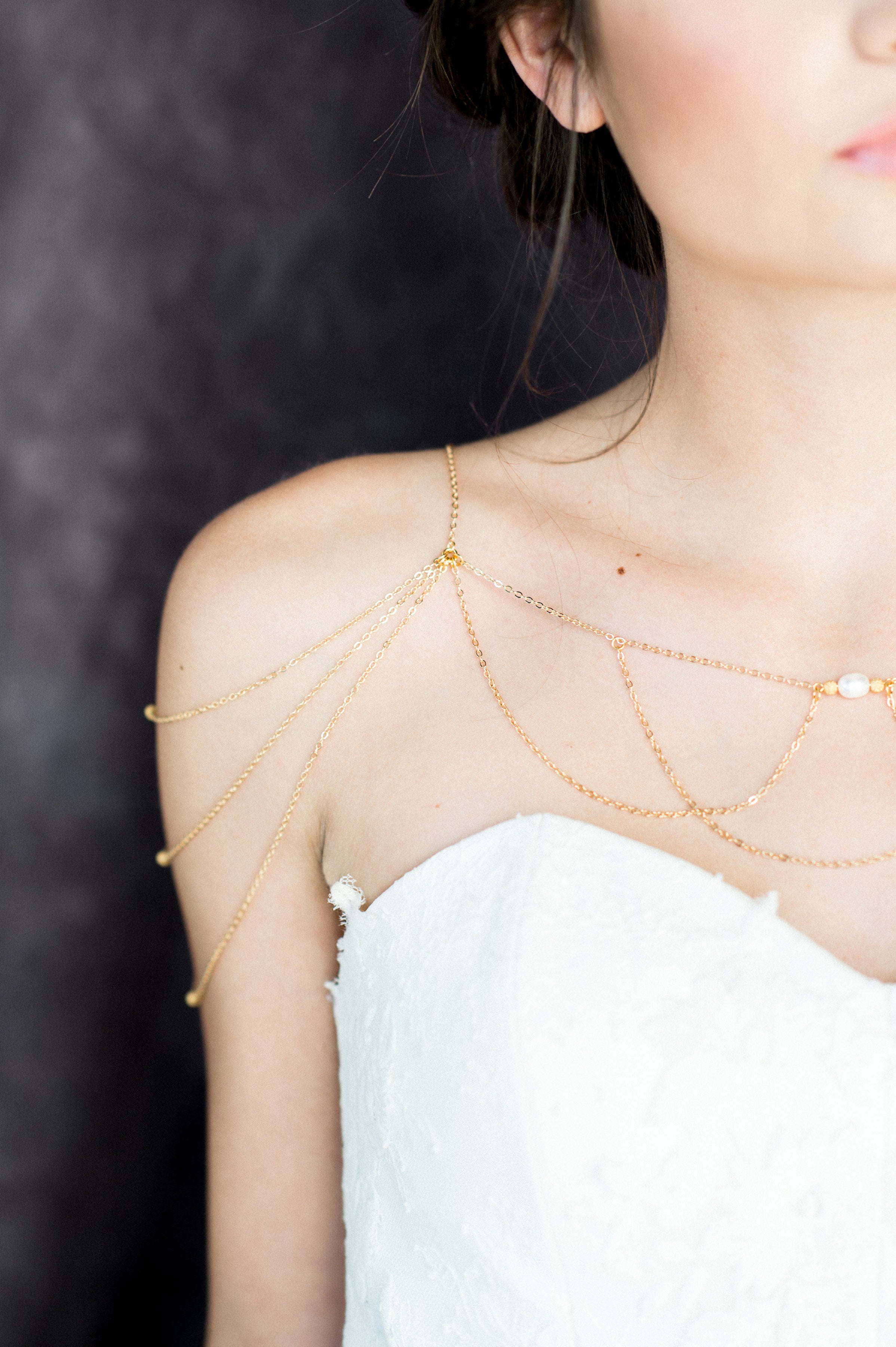 Gold Pearl Delicate Draped Shoulder Necklace - Handmade in Toronto Canada - Blair Nadeau Bridal Adornments - Whitney Heard Photography