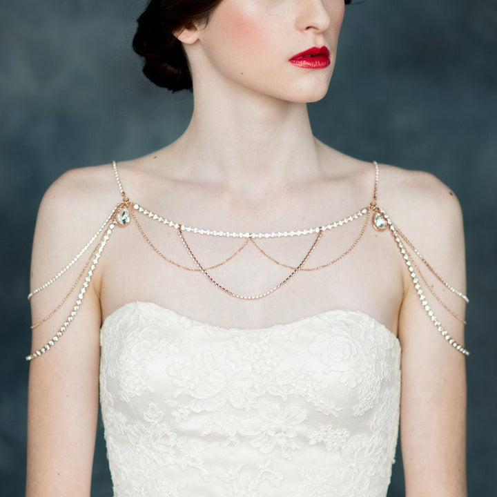 rhinestone crystal chain shoulder necklace available in silver, gold and rose gold finishes - handmade in Toronto Ontario Canada - Blair Nadeau Bridal Adornments