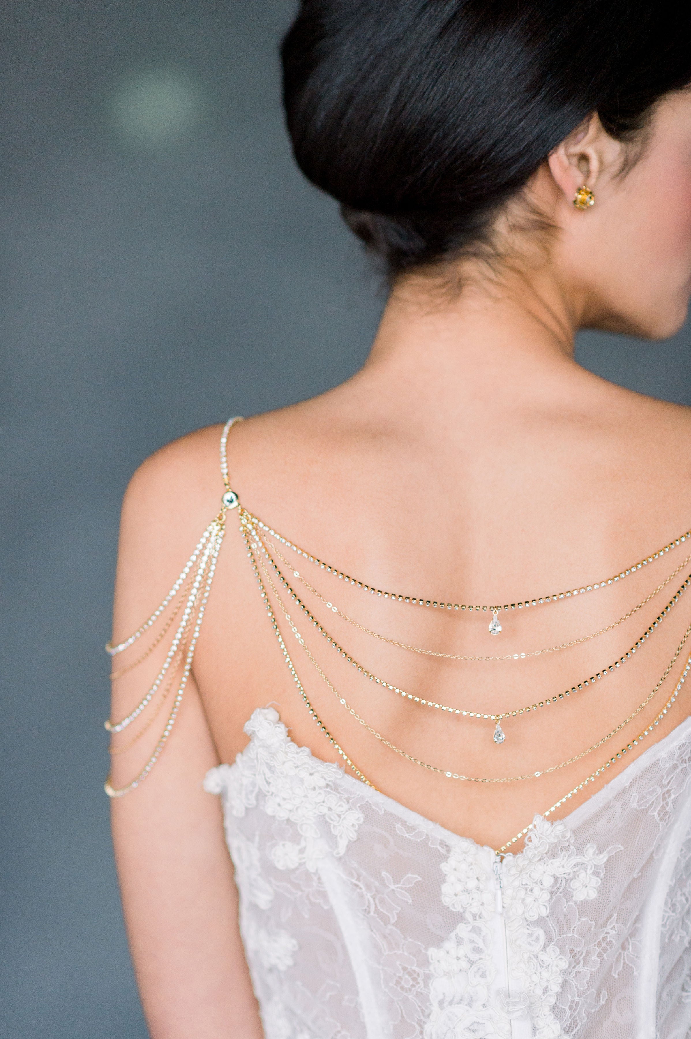 crystal draped shoulder necklace body jewelry for strapless wedding dress - available in silver, gold and rose gold - handmade in toronto ontario canada by Blair Nadeau Bridal Adornments