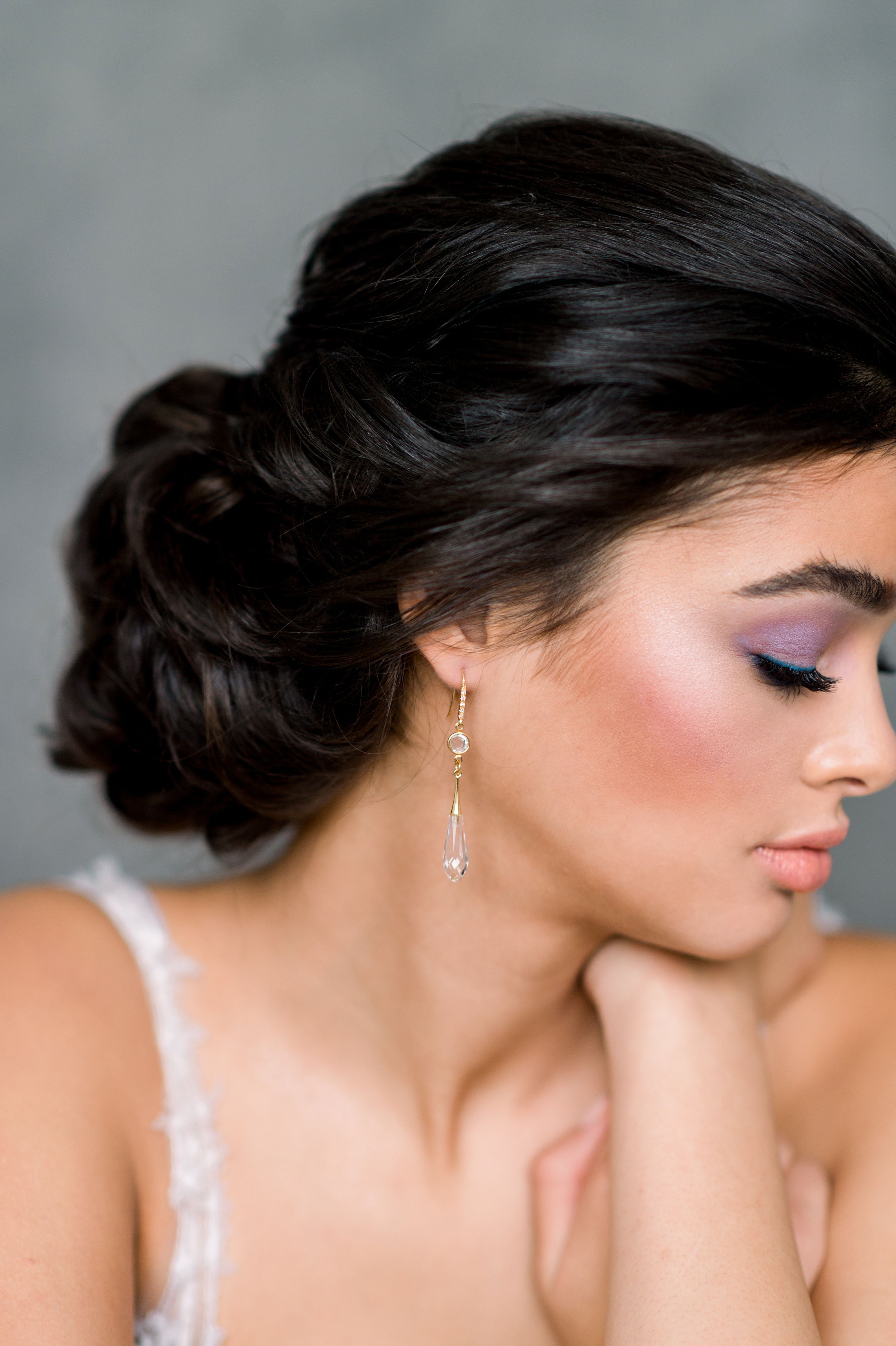 Rose Gold Clear Crystal Drop Earrings - Made in Toronto Ontario Canada, Blair Nadeau Bridal, Whitney Heard Photography