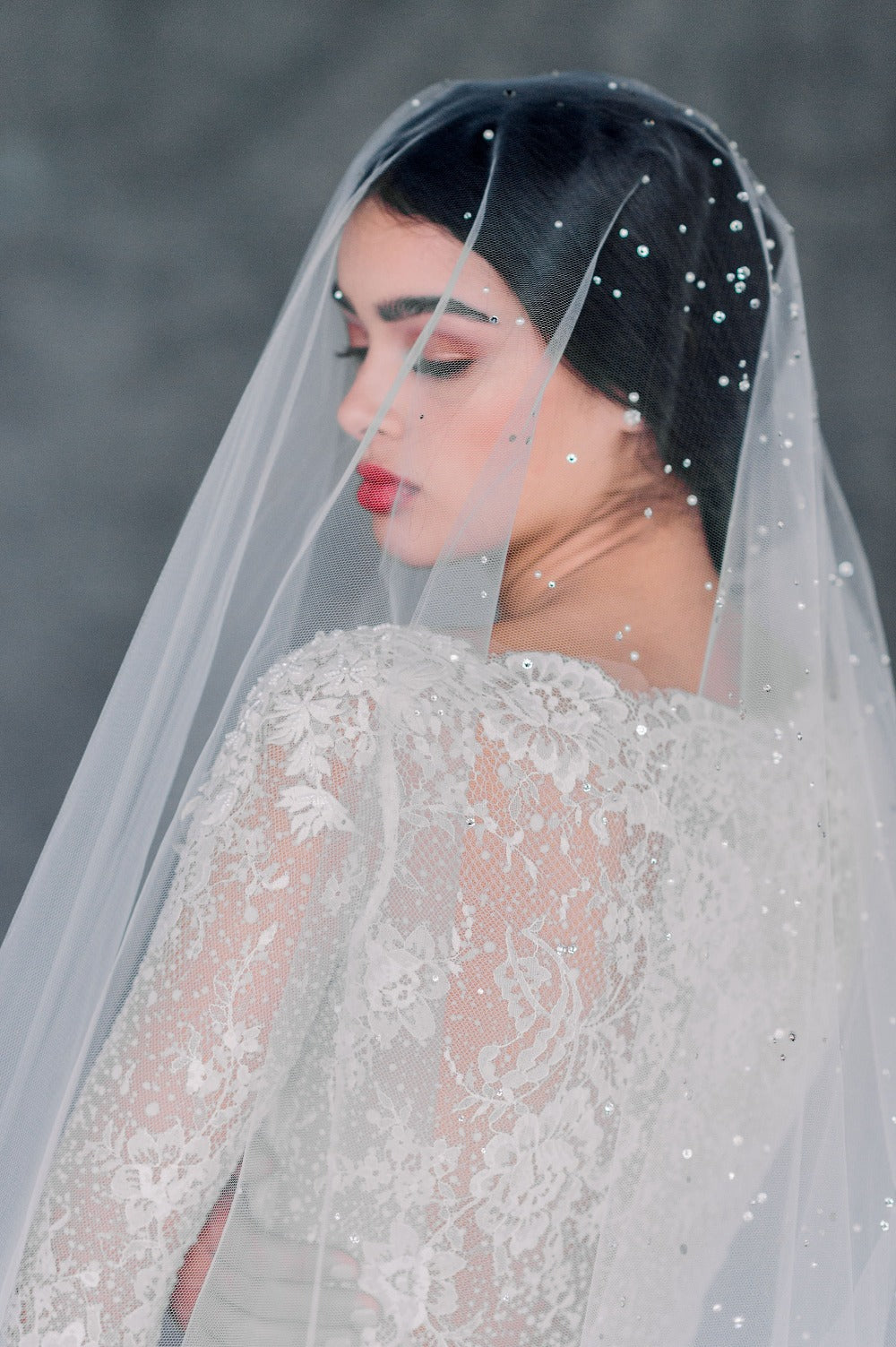 Ivory Crystal and Pearl Hand Embellished Soft Tulle Statement Drop Veil,  Made in Toronto Ontario Canada - Blair Nadeau Bridal - Whitney Heard Photography